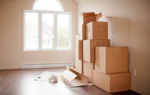 Neatly labelled household items ready for storage in Yiewsley